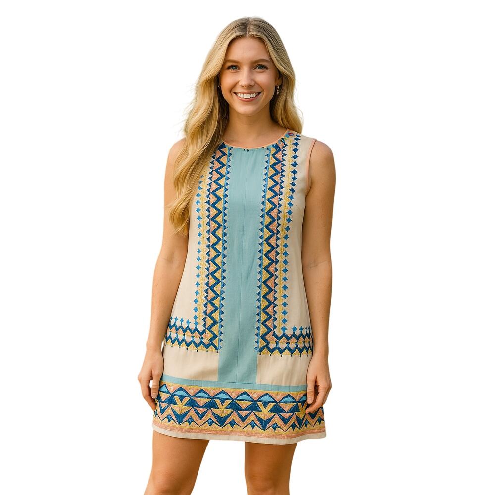 Boho Embroidered Champagne and Strawberry Dress - Size S